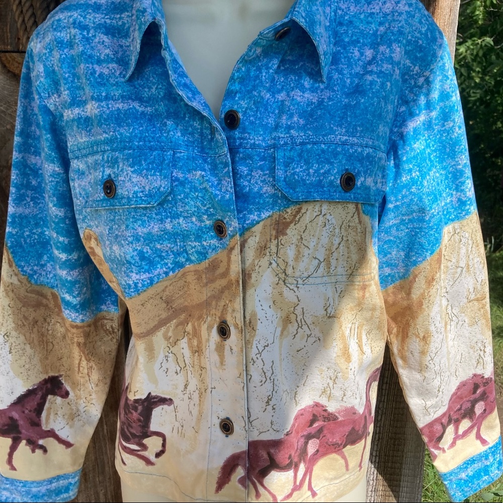 Beautiful denim jacket by Two Friends Ranch.  Ladies size Small. 100% cotton.